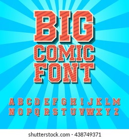 Creative high detail comic font. Alphabet in style of comics, pop art. Multilayer funny colorful 3d letters and figures for kids' illustrations, comics, banners. Vector illustration EPS 10.
