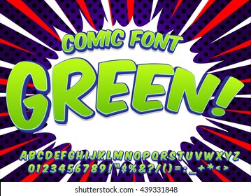 Creative high detail comic font. Alphabet in green color style of comics, pop art. Letters and figures for decoration of kids' illustrations, websites, comics and banners. Easy to use and edit.
