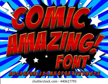 Creative high detail comic font. Alphabet in the style of comics, pop art. Letters and figures for decoration of kids' illustrations, websites, posters, comics and banners.