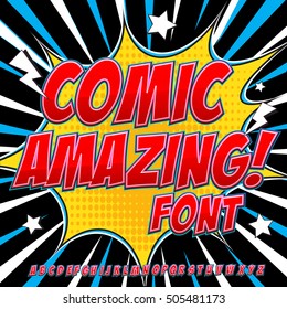 Creative high detail comic font. Alphabet in the style of comics, pop art. Letters and figures for decoration of kids' illustrations, websites, posters, comics and banners.