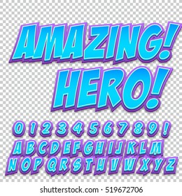 Creative high detail comic font. Alphabet of comics, pop art. Letters and figures for decoration of kids' illustrations, websites, posters, comics and banners.