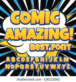 Creative high detail comic font. Alphabet of comics, pop art. Letters and figures for decoration of kids' illustrations, websites, posters, comics and banners.