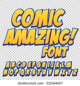 Creative high detail comic font. Alphabet of comics, pop art. Letters and figures for decoration of kids' illustrations, websites, posters, comics and banners.