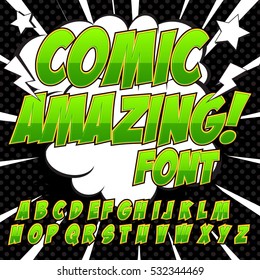 Creative high detail comic font. Alphabet of comics, pop art. Letters and figures for decoration of kids' illustrations, websites, posters, comics and banners.