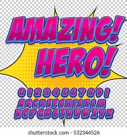Creative high detail comic font. Alphabet of comics, pop art. Letters and figures for decoration of kids' illustrations, websites, posters, comics and banners.