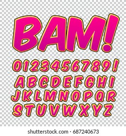 Creative high detail comic font. Alphabet of comics, pop art. Letters and figures for decoration of kids' illustrations, websites, posters, comics and banners.