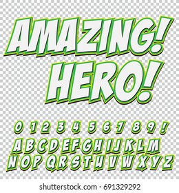 Creative high detail comic font. Alphabet of comics, pop art. Letters and figures for decoration of kids' illustrations, websites, posters, comics and banners.