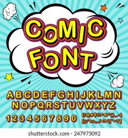 Creative high detail font for your design. The alphabet in the style of comics. Graphics pop - art on the background of radial lines. 3d letters.