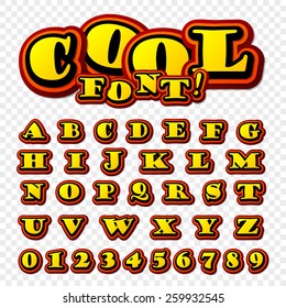 Creative high detail font for your design. 3D alphabet in the style of comics. Graphics pop - art on transparent background. Bright cartoon comic. Kids letters. 