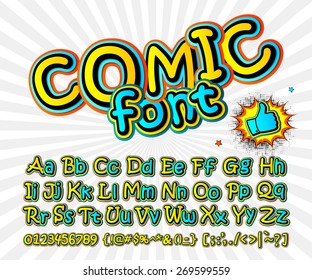 Creative high detail font for your design. 3D alphabet in the style of comics. Graphics pop - art on the background of radial lines. Bright cartoon comic. Kids letters. Vector illustration