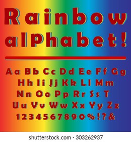 Creative high detail font for your design. Rainbow alphabet and numbers. Kids colorful letters. Vector illustration.