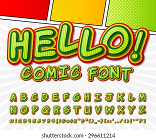 Creative high detail green comic font. Alphabet in the style of comics, pop art. Multilayer funny colorful 3d letters and figures for decoration of kids' illustrations, websites, comics, banners
