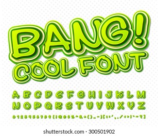 Creative High Detail Green Comic Font. Alphabet In Style Of Comics, Pop Art. Multilayer Funny Colorful 3d Letters And Figures For Kids' Illustrations, Websites, Comics, Banners. 