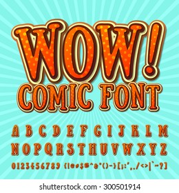 Creative high detail orange - chocolate comic font. Alphabet in style of comics, pop art. Multilayer funny colorful 3d letters and figures for kids' illustrations, websites, comics, banners. 