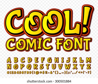 Creative high detail yellow comic font. Alphabet in style of comics, pop art. Multilayer colorful 3d letters and figures for kids' illustrations, websites, comics, banners. 