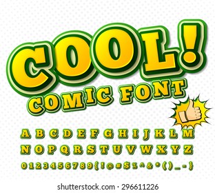 Creative high detail yellow & green comic font. Alphabet in style of comics, pop art. Multilayer funny colorful 3d letters and figures for decoration of kids' illustrations, websites, comics, banners