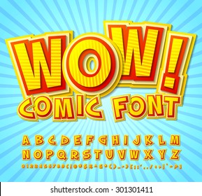 Creative High Detail Yellow-red Comic Font. Alphabet In Style Of Comics, Pop Art. Multilayer Funny Colorful 3d Letters And Figures For Kids' Illustrations, Comics, Banners. 