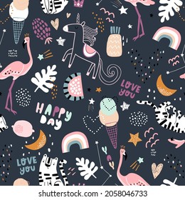 Creative hight detailed seamless pattern with flamingo, ice cream, unicorn, stars, rainbows,hearts, fruits. Vector pink summer  texture