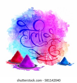 Creative Hindi Text Holi Hai (Its Holi) with Powder Colors (Gulal) on abstract colorful background.