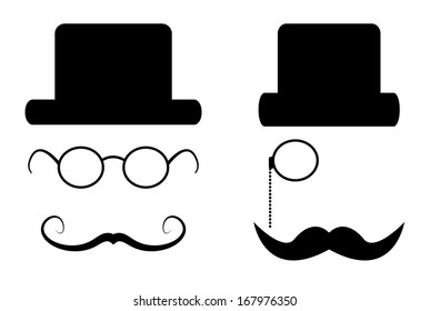 Creative hipster elements isolated on white. Hipster concept with hat, glasses and mustache. Raster available in my portfolio.