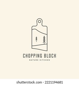 Creative hipster kitchen restaurant logo design. illustration of mountains views inside the chopping block. For food logo, cook shirt design, outdoor cooking icon