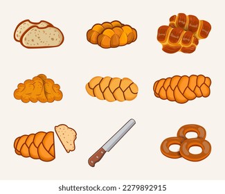 Creative Hi-Quality Challah Braid Food Set, Sweet Delicious Spice Baguette Bun Sketch Bake Menu Meal, Free Icon Object Elements, With Premium Vector.