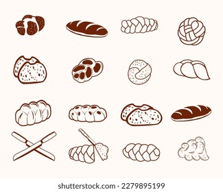 Creative Hi-Quality Challah Braid Food Collections, Sweet Delicious Spice Baguette Bun Sketch Cake Menu Meal Breakfast Free Icon Object Elements, With Premium Vector.