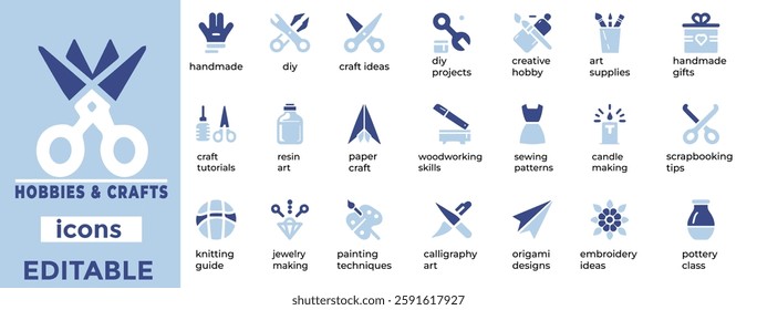 Creative hobbies and crafts vector icons for DIY, arts, sewing, knitting, and handmade projects. Perfect for web and print
