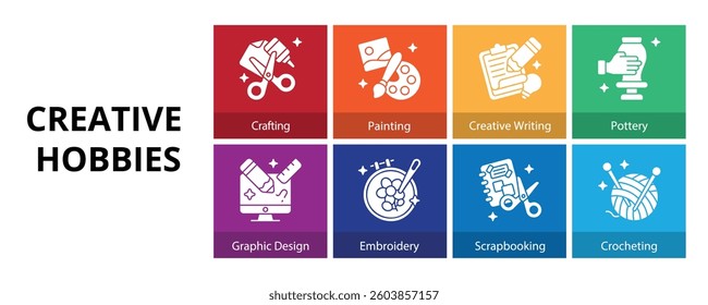 Creative Hobbies Glyph Solid Banner Web Icon Set Vector Illustration
