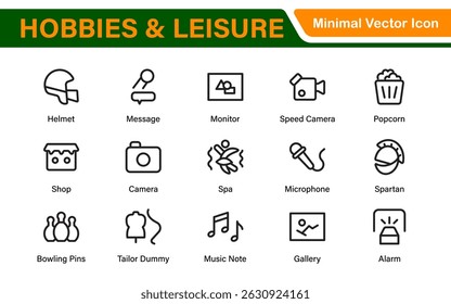 Creative Hobbies and Leisure Icons – Clean Outline, Line Art, Vector Illustrations for DIY Crafts, Outdoor Fun, Entertainment, and Recreation Projects