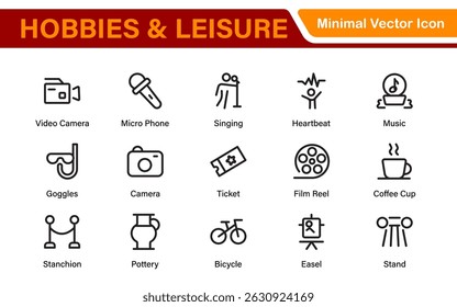 Creative Hobbies and Leisure Icons – Clean Outline, Line Art, Vector Illustrations for DIY Crafts, Outdoor Fun, Entertainment, and Recreation Projects