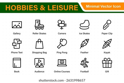 Creative Hobbies and Leisure Icons – Clean Outline, Line Art, Vector Illustrations for DIY Crafts, Outdoor Fun, Entertainment, and Recreation Projects
