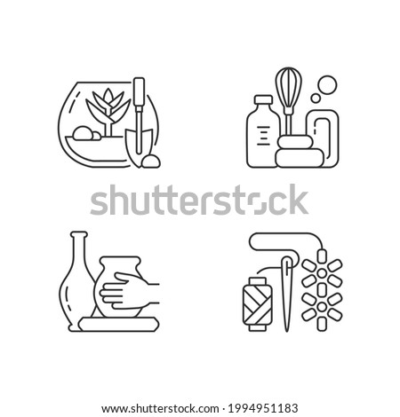 Creative hobbies linear icons set. DIY tropical terrarium. Handmade soap. Making pottery. Beadwork. Customizable thin line contour symbols. Isolated vector outline illustrations. Editable stroke