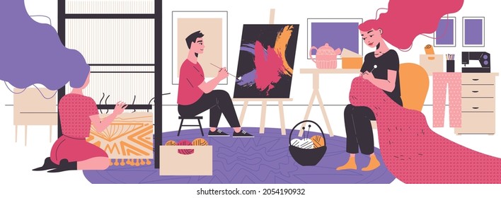 Creative hobby background with painting and knitting symbols flat vector illustration