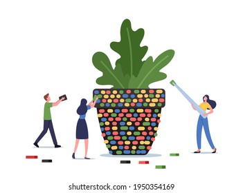 Creative Hobby Concept. Tiny Male and Female Characters Decorate Flowerpot with Colorful Ceramic Pieces, Set Up Huge Mosaic using Tweezers. Craftsmanship, Art. Cartoon People Vector Illustration