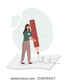 Creative Hobby Concept. Young Smiling Woman Holds Large Pencil And Draws On White Sheet Of Paper. Creating Artistic Painting. Hand Writing Prosess. Cartoon Contemporary Flat Vector Illustration