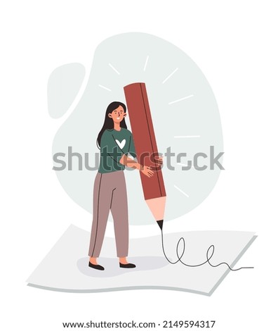 Creative hobby concept. Young smiling woman holds large pencil and draws on white sheet of paper. Creating artistic painting. Hand writing prosess. Cartoon contemporary flat vector illustration