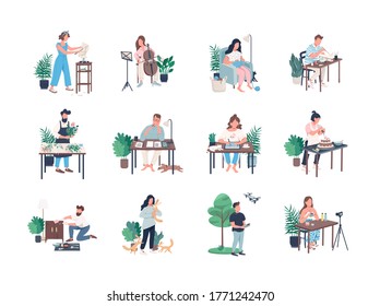 Creative hobby flat color vector faceless characters set. Woman sculpting. Freelance writer. Florist with flowers. Beauty blogger. Learning craft isolated cartoon illustrations on white background