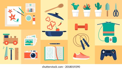 Creative hobby ideas and recreational activities that you can do at home, icons set