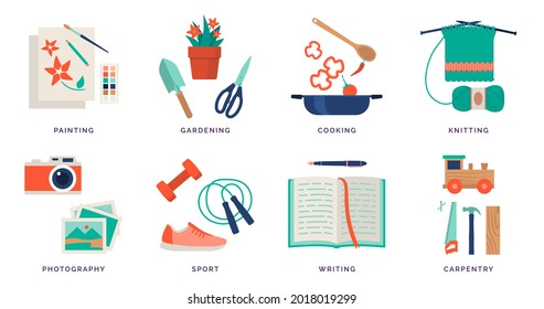 Creative hobby ideas and recreational activities that you can do at home, icons set