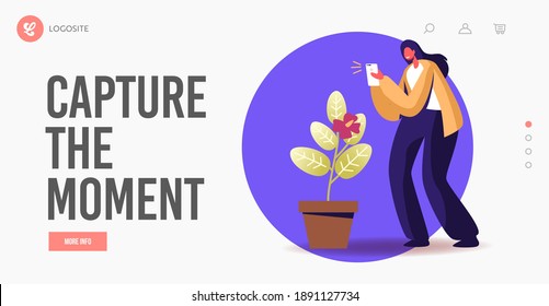 Creative Hobby Landing Page Template. Woman Photographer Shoot Flower on Smartphone, Making Picture of Blossom. Female Character Having Rest on Nature, Outdoor Activity. Cartoon Vector Illustration
