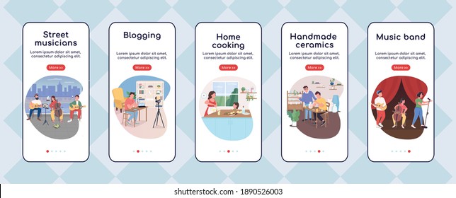 Creative hobby onboarding mobile app screen flat vector template. Doing things that you love. Walkthrough website steps with characters. UX, UI, GUI smartphone cartoon interface, case prints set