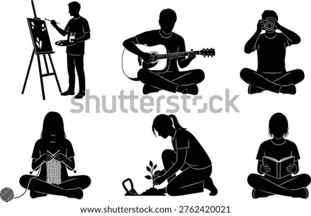 Creative hobby silhouettes, vector illustration of painting, guitar playing, photography, knitting, gardening, reading, black artwork, relaxing pastime design, lifestyle activity artwork