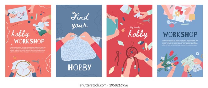 Creative hobby workshop concept of posters for social media or mobile application, flat vector illustration. Flyers collection for creative handicraft workshop or courses