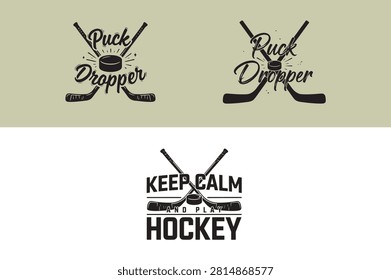 Creative hockey themed text designs with puck and sticks graphics