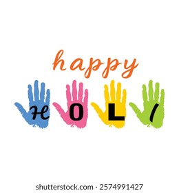 Creative Holi banner featuring vibrant handprints spelling Holi and Happy above, perfect for festive designs