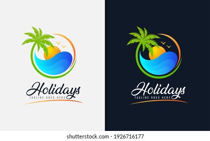 Creative Holidays Logo Design. Abstract Sea and Sun Combination with Circular Coconut Tree. Vector Logo Illustration.