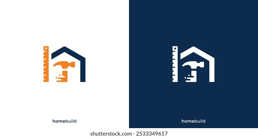 Logotipo de construcción de casa creativa. Construcción de la casa, herramienta de martillo y Regla con estilo de contorno lineal. Inicio Servicio Logotipo, Icono, Símbolo, Vector, Inspiración de diseño.