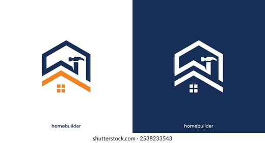 Creative Home Build Logo. Häuserbau, Hammerwerkzeug und Haus mit geometrischem Stil. Startseite Service Logo Symbol Vektor Design Inspiration.