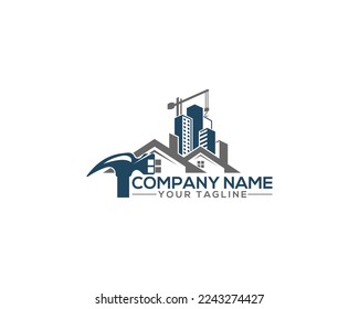 Creative Home and building Construction Logo Design. Hammer and Crane Home Construction Vector illustration.